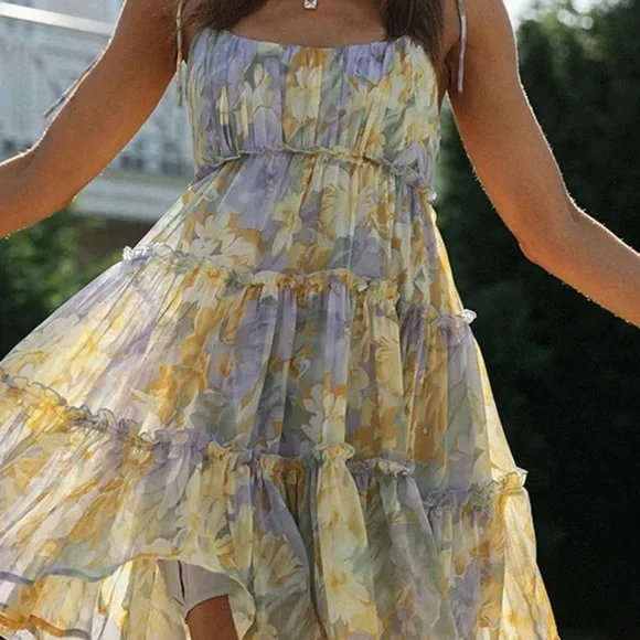 Yellow and Purple High Low Sundress with Ruched Bodice - Picture 1 of 5